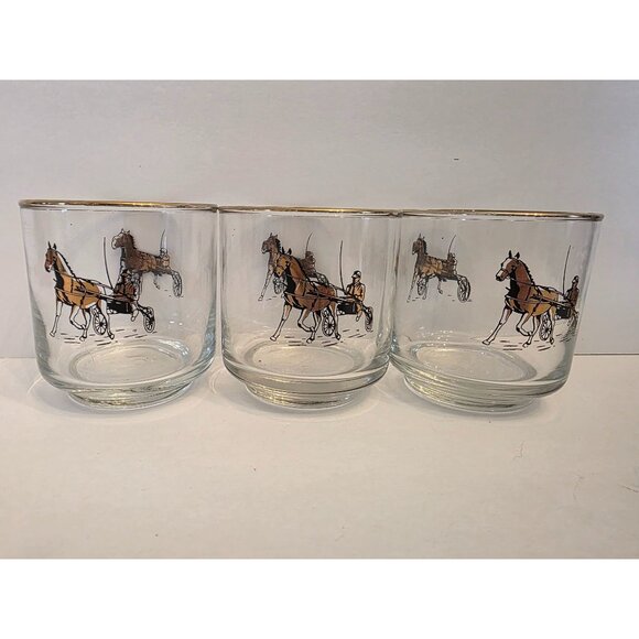 Vintage Horse & Carriage Glasses With Gold Rim - Picture 1 of 7